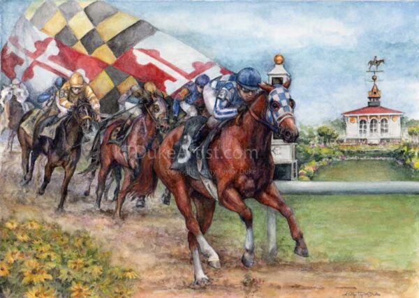 KTDukeArtist-watercolor and colored pencil painting- Preakness-Pimlico-Fast From the Past